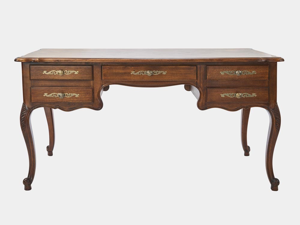 French Accent French Provincial Louis XV style desk in walnut with 5 drawers front