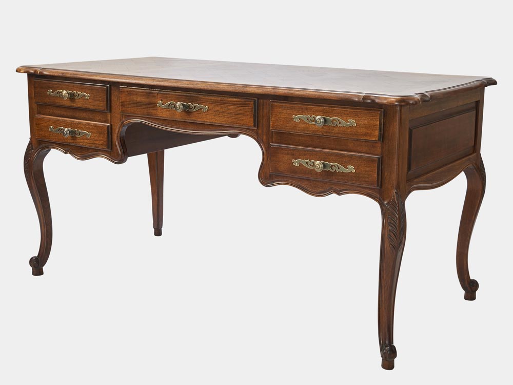 French Accent French Provincial Louis XV style desk in walnut with 5 drawers side 45