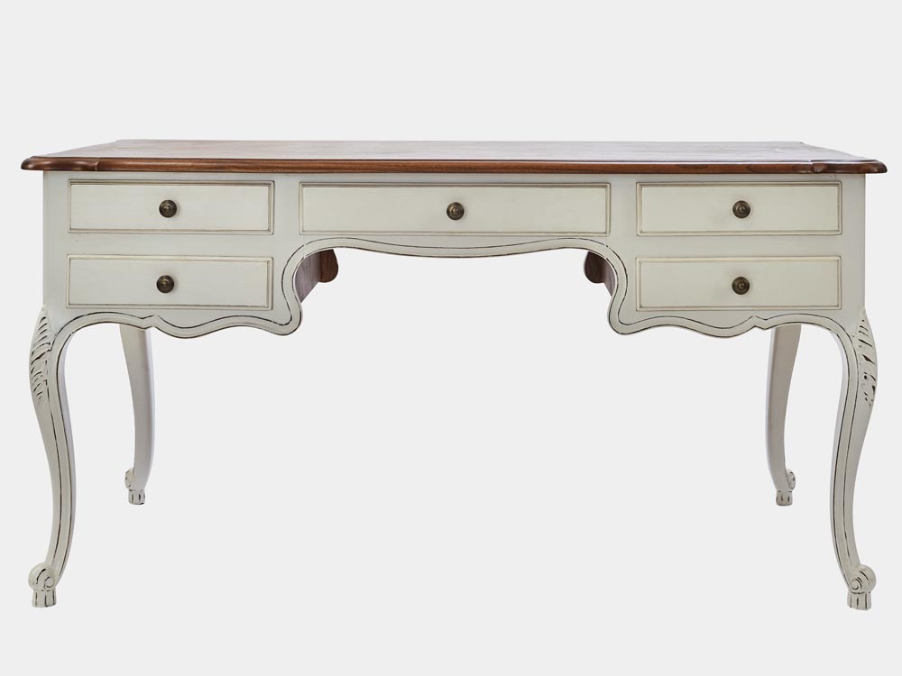 French Accent French Provincial Louis XV style desk in white with 5 drawers front