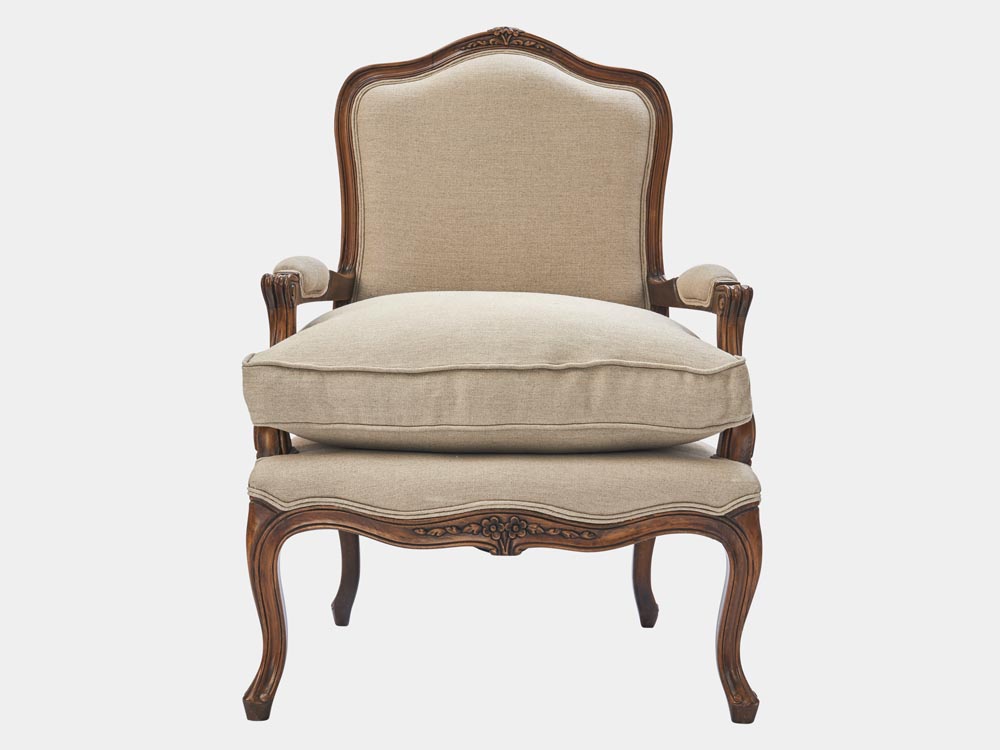 French Accent French provincial Louis XV style Bergere armchair antique walnut finish front