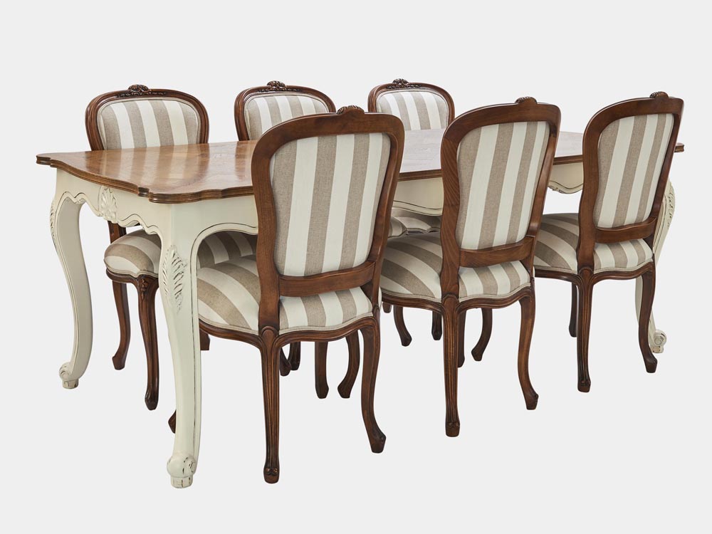 French Accent French provincial Louis XV style Dining Table in oak with white legs chairs 6 striped