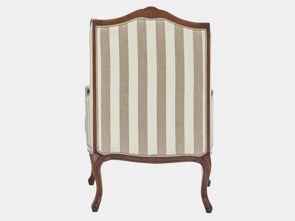French Accent French provincial Louis XV style armchair walnut striped fabric back