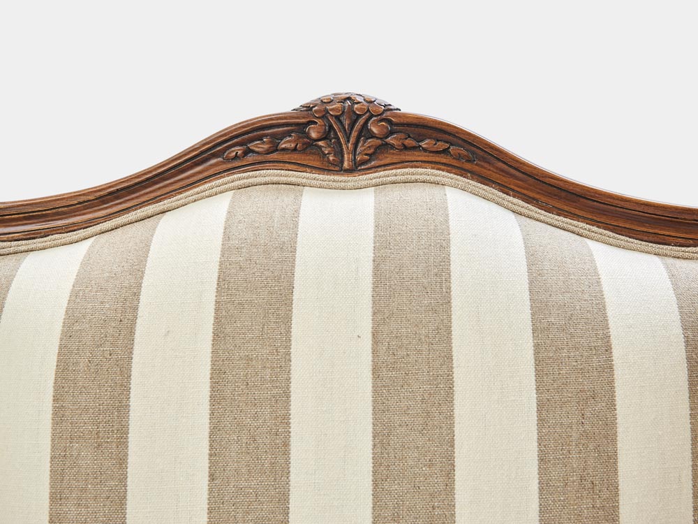 French Accent French provincial Louis XV style armchair walnut striped fabric detail