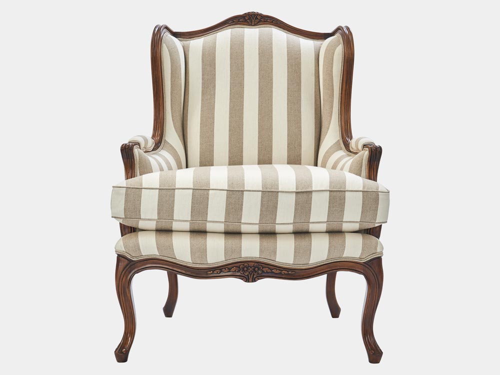 French Accent French provincial Louis XV style armchair walnut striped fabric front