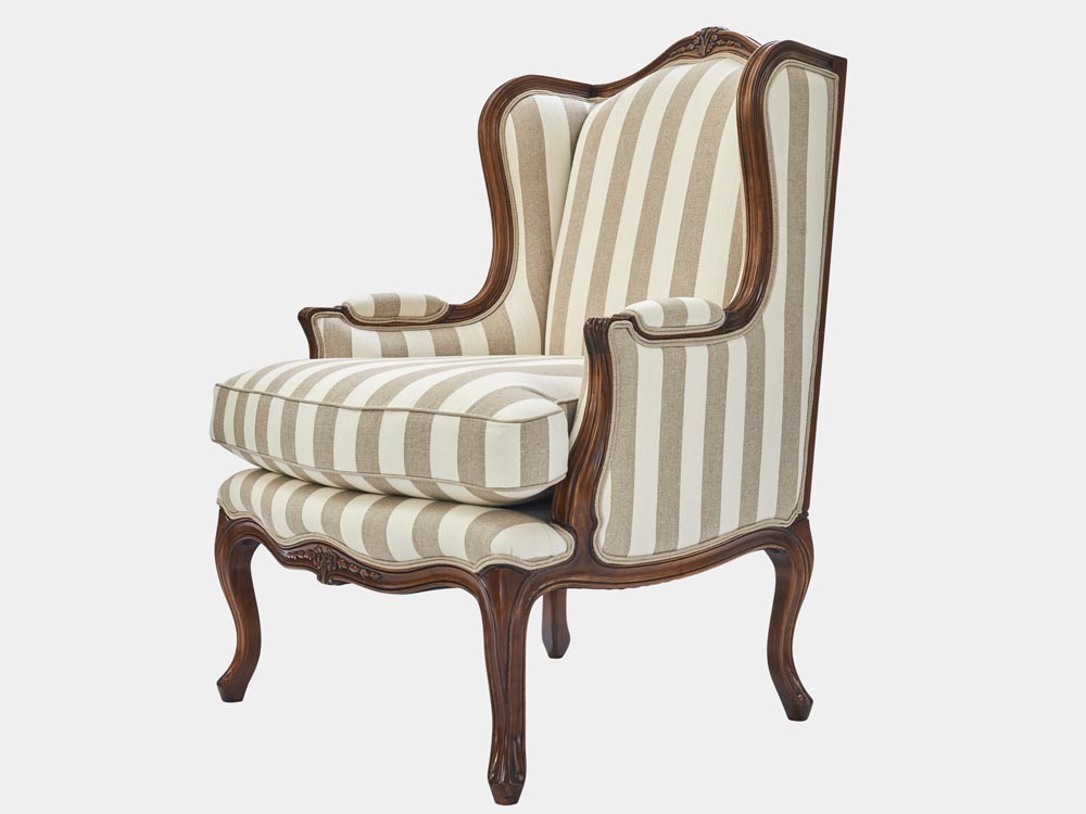 French Accent French provincial Louis XV style armchair walnut striped fabric side 45