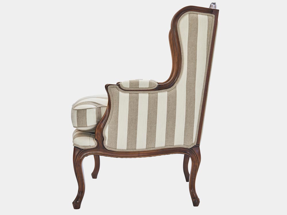 French Accent French provincial Louis XV style armchair walnut striped fabric side