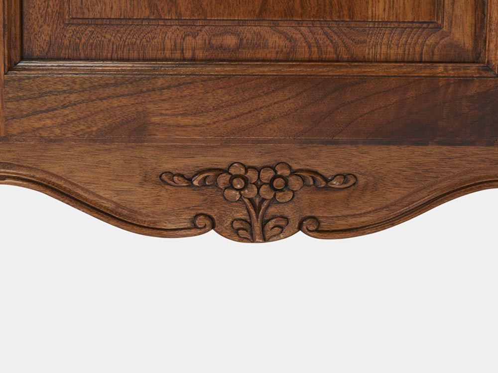 French Accent French provincial Louis XV style bedside table walnut detail