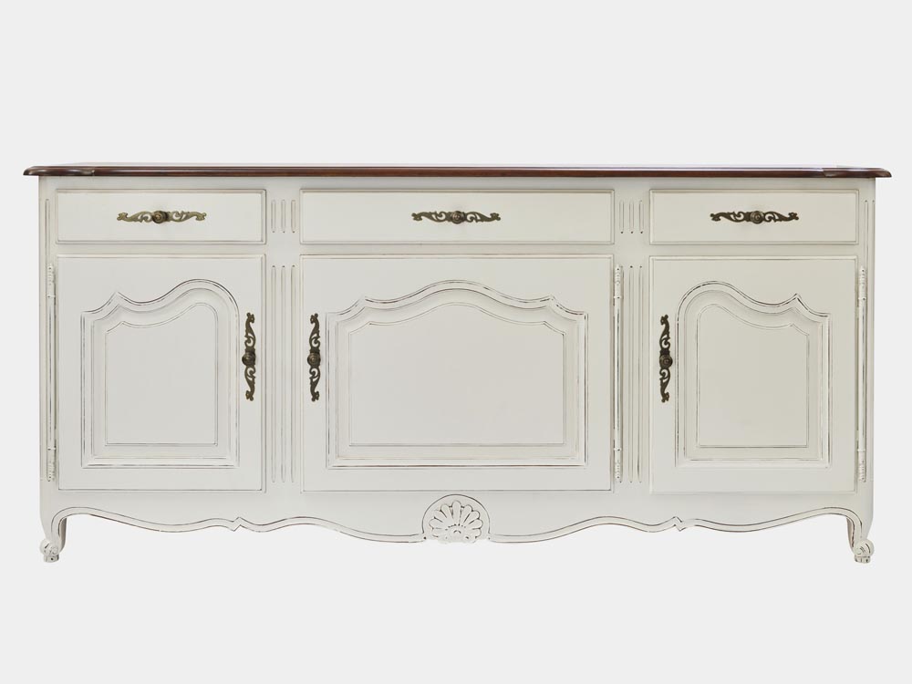 French Accent French provincial Louis XV style buffet or sideboard white parquetry top 3 drawers 3 doors front