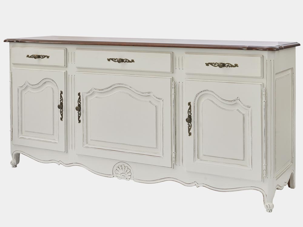 French Accent French provincial Louis XV style buffet or sideboard white parquetry top 3 drawers 3 doors side 45