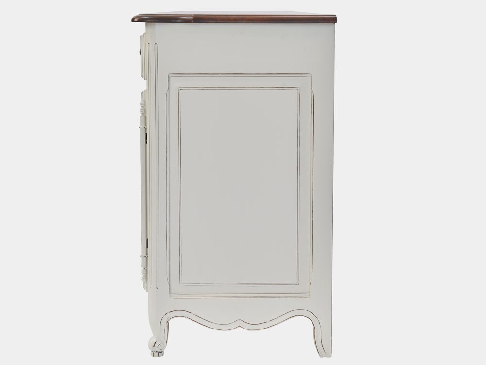 French Accent French provincial Louis XV style buffet or sideboard white parquetry top 3 drawers 3 doors side
