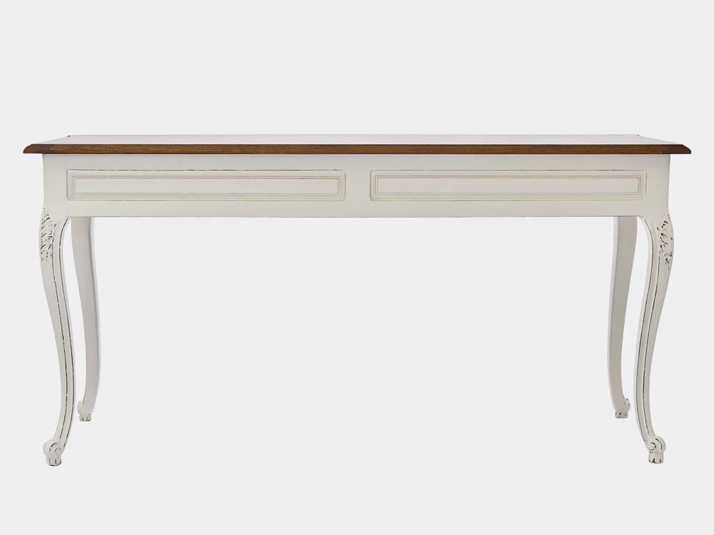 French Accent French provincial Louis XV style console table with 3 drawers no handle in white with parquetry back