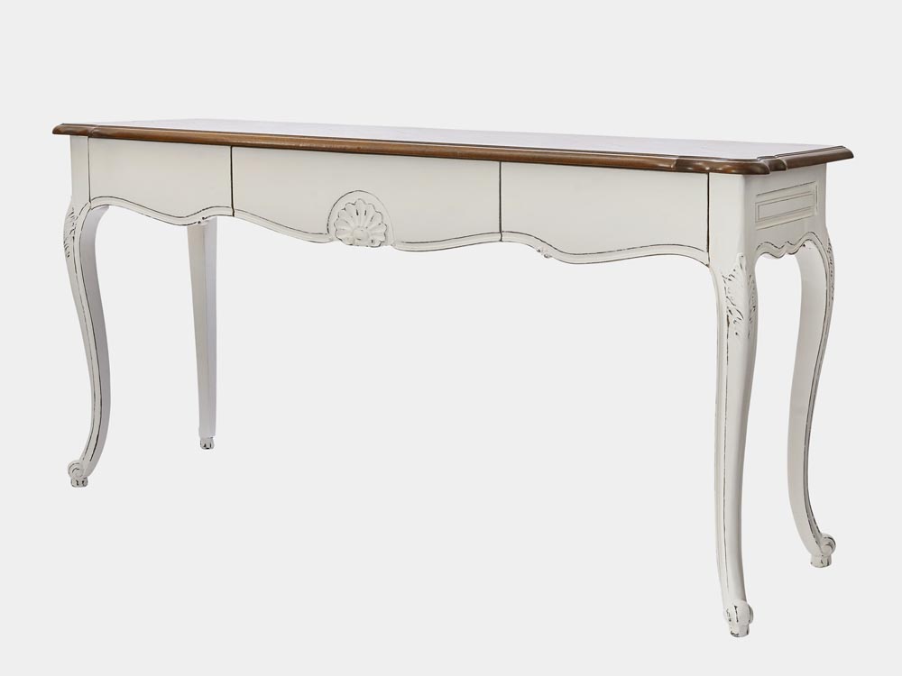 French Accent French provincial Louis XV style console table with 3 drawers no handle in white with parquetry front