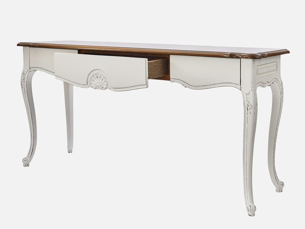 French Accent French provincial Louis XV style console table with 3 drawers no handle in white with parquetry side 45