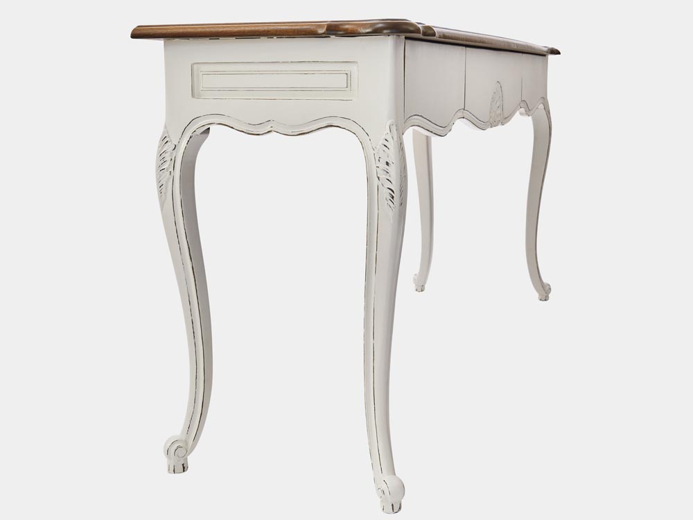 French Accent French provincial Louis XV style console table with 3 drawers no handle in white with parquetry side
