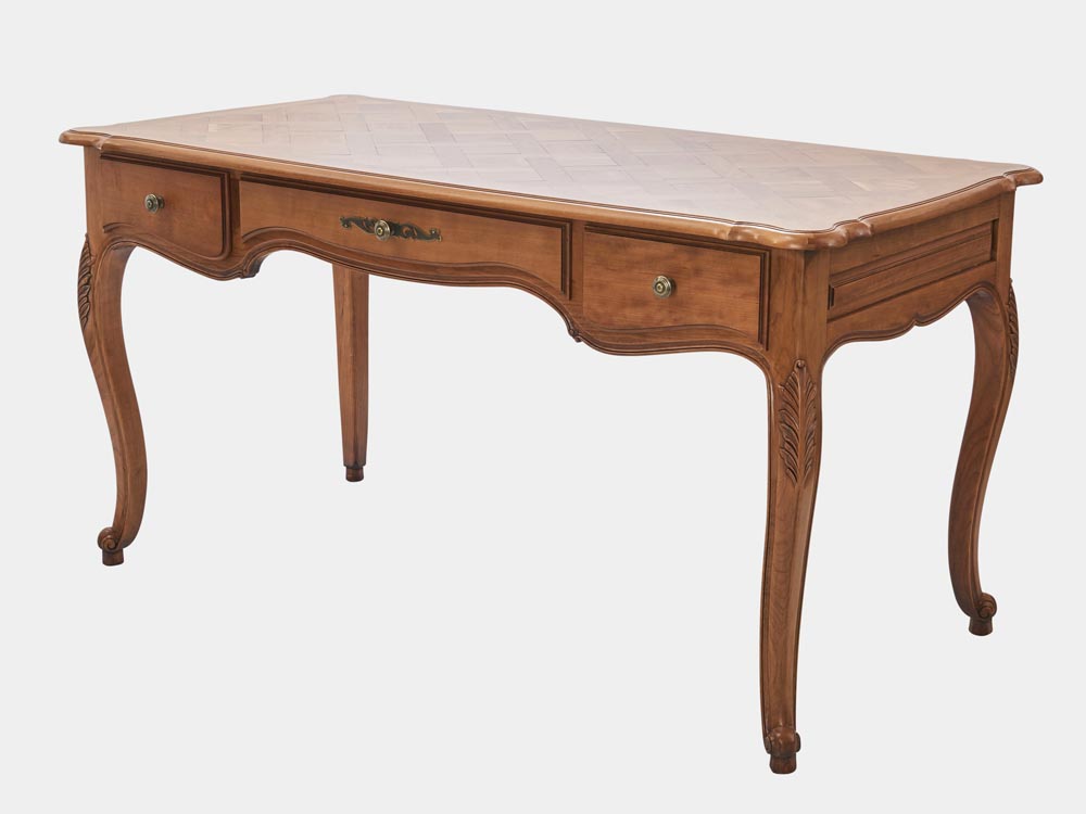 French Accent French provincial Louis XV style desk in light cherry wood with 3 drawers side 45
