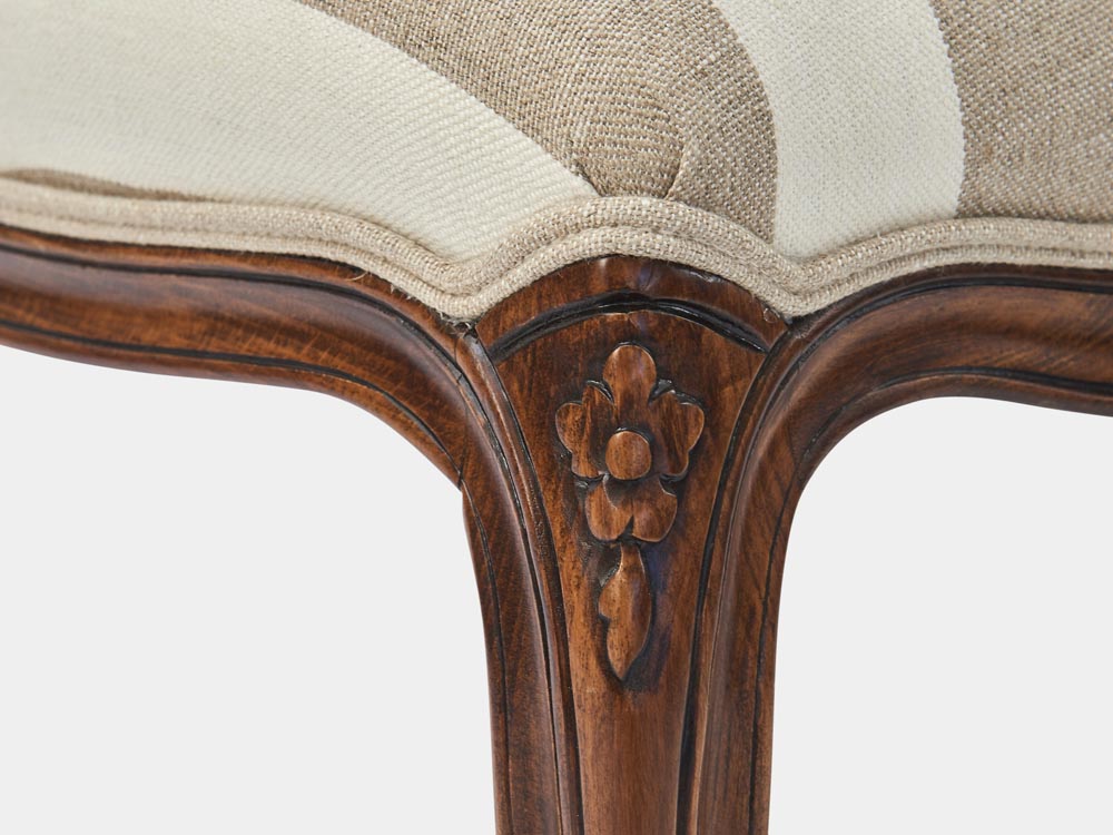 French Accent French provincial Louis XV style dining chair antique walnut striped fabric leg detail
