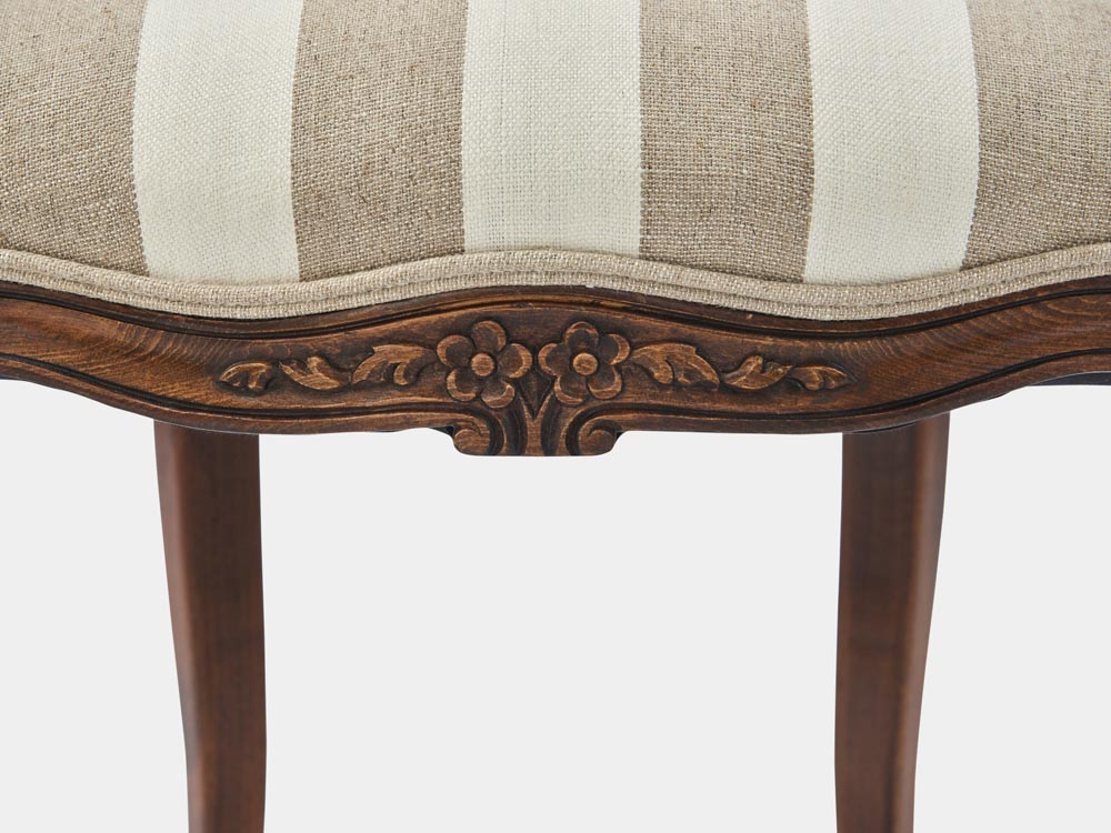 French Accent French provincial Louis XV style dining chair antique walnut striped fabric seat detail