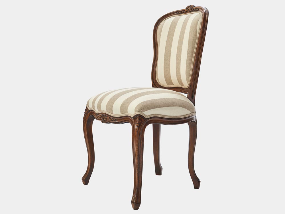 French Accent French provincial Louis XV style dining chair antique walnut striped fabric side 45