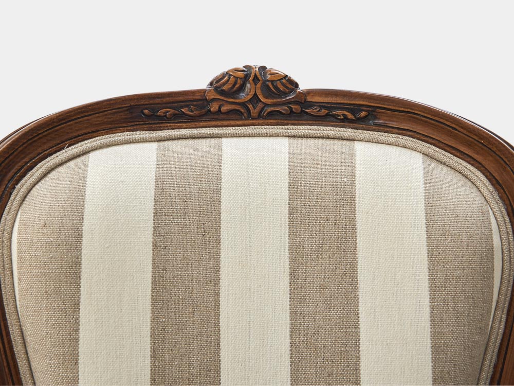 French Accent French provincial Louis XV style dining chair antique walnut striped fabric top detail