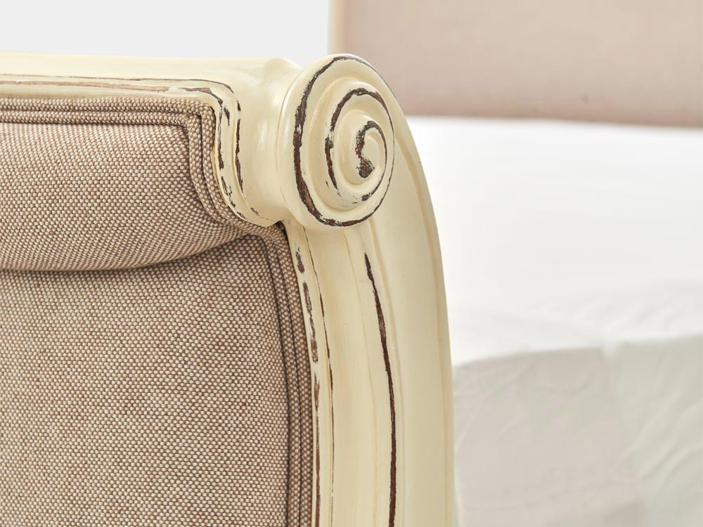 French Accent French provincial Louis XV style queen sleigh bed in solid oak white finish carving detail 2