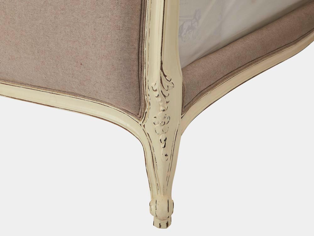 French Accent French provincial Louis XV style queen sleigh bed in solid oak white finish foot detail