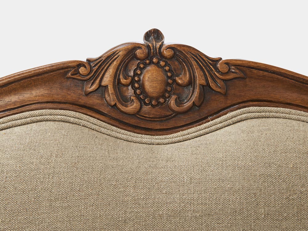 French provincial Louis XV style bed head in solid walnut frame taupe fabric detail carving