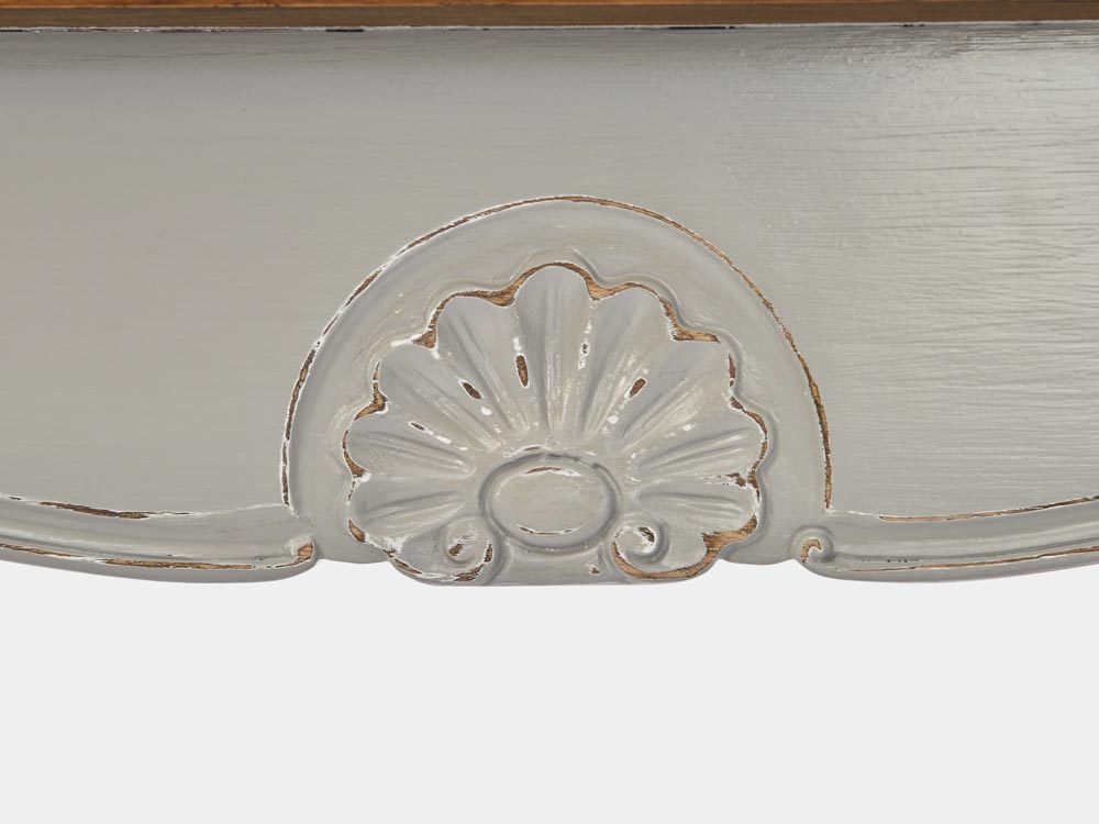 French provincial Louis XV style console table or sofa table without drawers grey feature detail