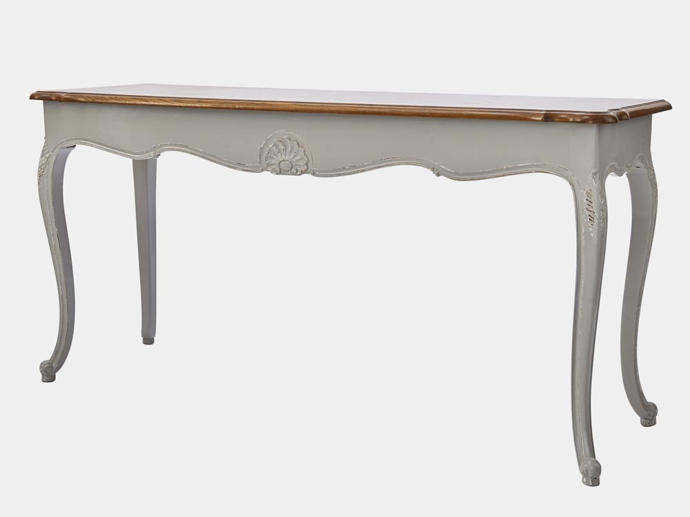French provincial Louis XV style console table or sofa table without drawers grey side 45
