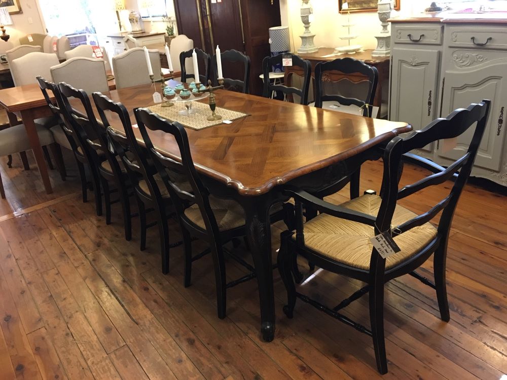 French-Accent-French-provincial-Louis-XV-style-dining-set-walnut-black-lyon-chairs-1