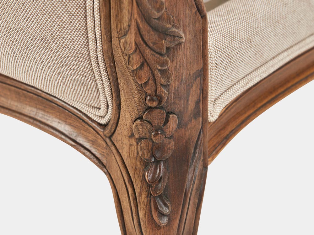 French Accent French provincial Louis XV style queen sleigh bed in walnut leg detail