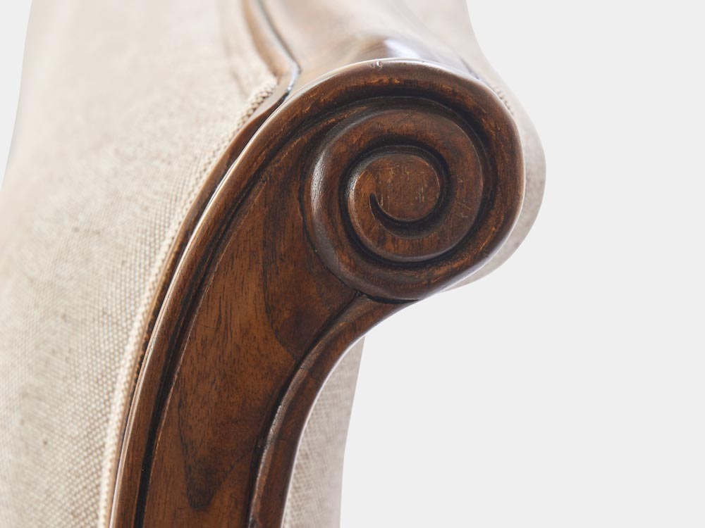 French Accent French provincial Louis XV style queen sleigh bed lower end walnut carving detail 2
