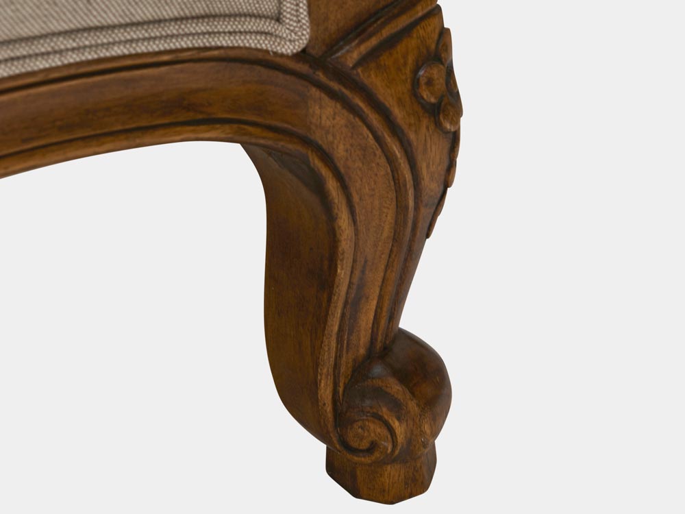French Accent French provincial Louis XV style queen sleigh bed lower end walnut leg detail 2