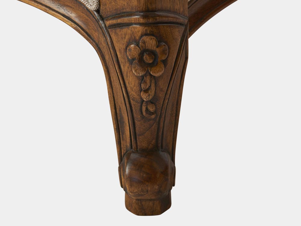 French Accent French provincial Louis XV style queen sleigh bed lower end walnut leg detail