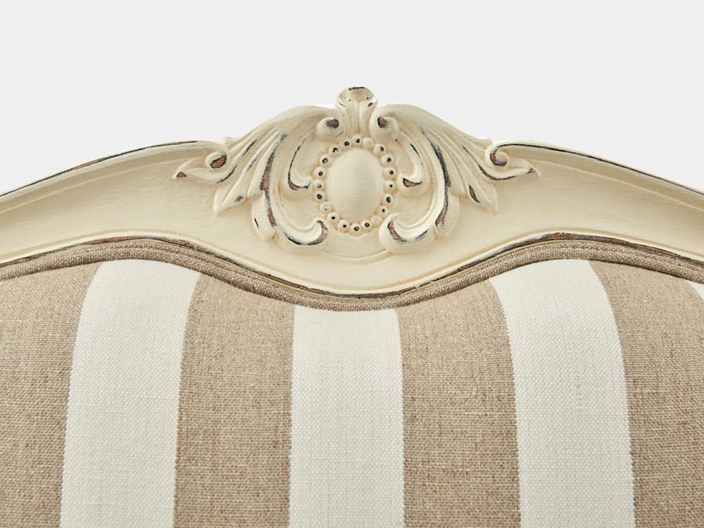 French provincial Louis XV style bed head in white frame striped fabric head carving