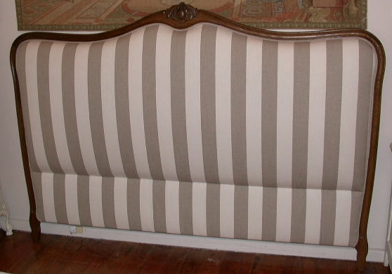 Louis XV Style King Size Bedhead in Walnut Finish with Stripe Fabric