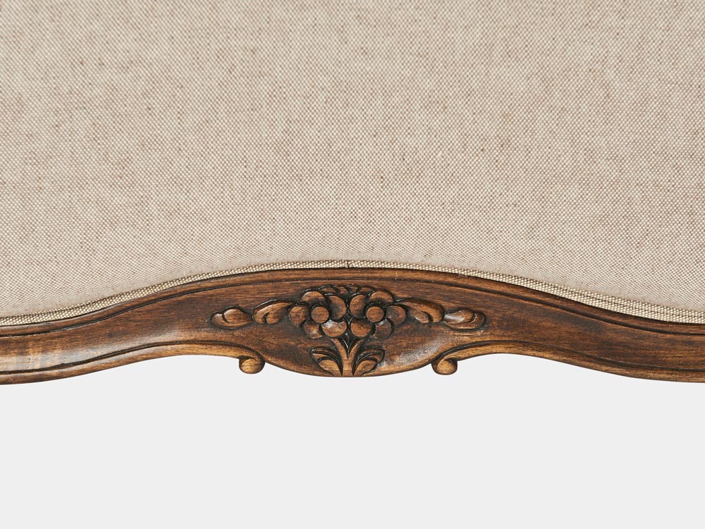 French provincial Louis XV style queen bed in solid timber frame and antique walnut finish detail