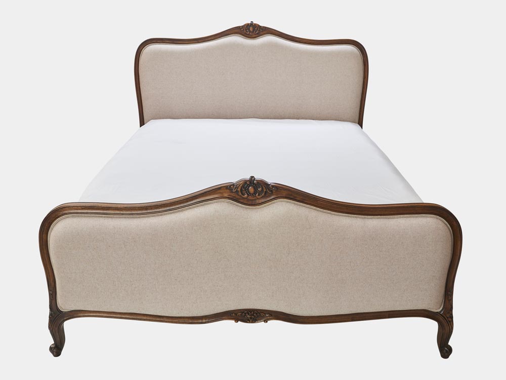 French provincial Louis XV style queen bed in solid timber frame and antique walnut finish front
