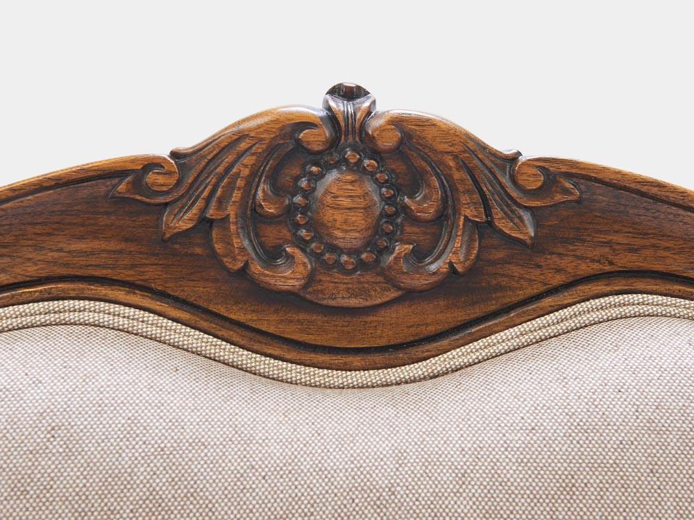 French provincial Louis XV style queen bed in solid timber frame and antique walnut finish head detail carving