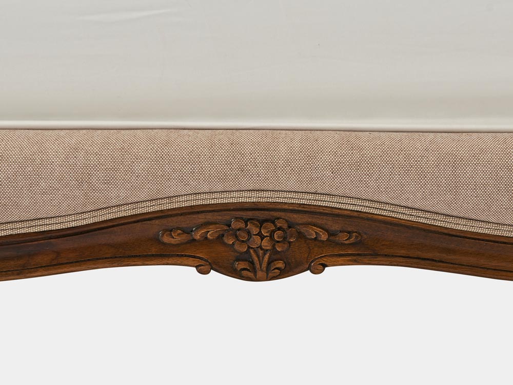 French provincial Louis XV style queen bed in solid timber frame and antique walnut finish side carving